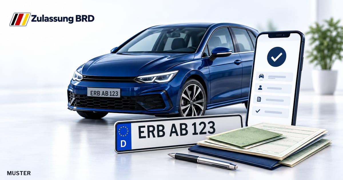 Online Fahrzeugzulassung in Breuberg: Musterkennzeichen ERB AB 123, Auto und Fahrzeugpapiere und Smartphone. Illustration mit Logo von Zulassung BRD.
